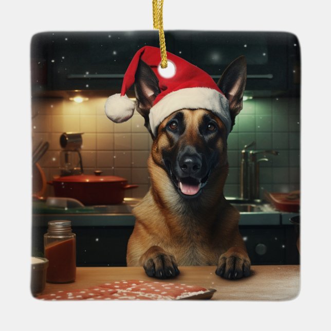 Ornement En Céramique Cookies de Noël Malinois Belge Festive (Devant)