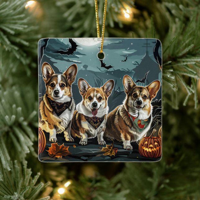 Ornement En Céramique Corgi Halloween Éffrayant (Arbre)