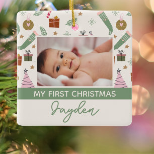 Ornement En Céramique Cosy Winter Pink Green First Christmas Photo