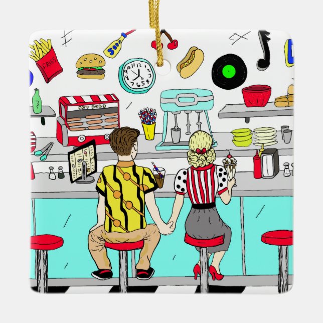 Ornement En Céramique Couple à Fifties Diner Holding Hands Retro (Devant)