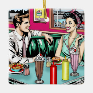 Ornement En Céramique Couple des années 1950 au dîner