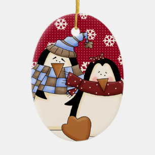 Ornement En Céramique Couple petit pingouin mignon