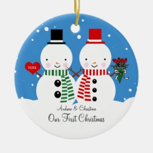 Ornement En Céramique Couples de bonhomme de neige notre premier