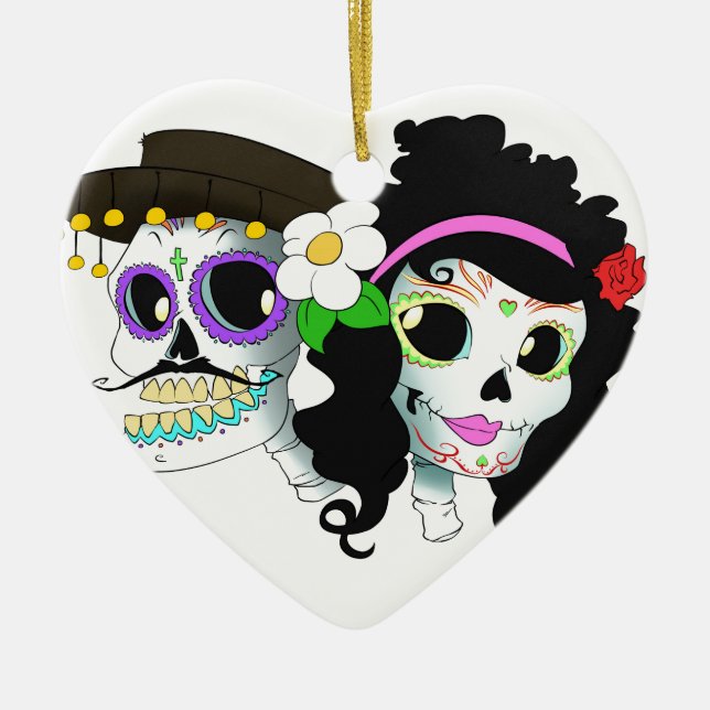 Ornement En Céramique Couples de fête mexicains de crâne (Devant)