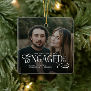 Ornement En Céramique Couples Fiancés 2 Photos Noël Élégant de Première 