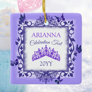 Ornement En Céramique Couronne Royale Violette Personnalisée & Papillons