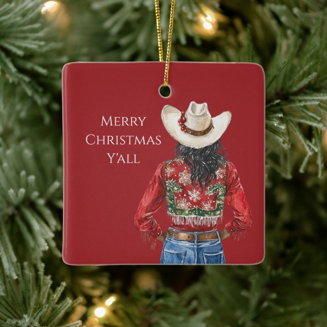 Ornement En Céramique Cowgirl Western Black Hair Christmas   (Arbre)