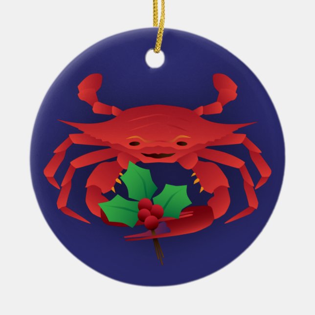 Ornement En Céramique Crabe de vacances avec le houx (Devant)