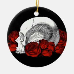Ornement En Céramique Crâne et roses rouges