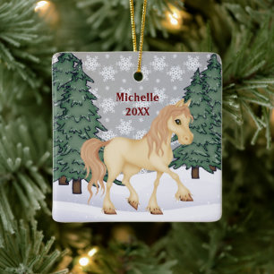 Ornement En Céramique Crème personnalisée Cheval Forêt d'hiver Noël