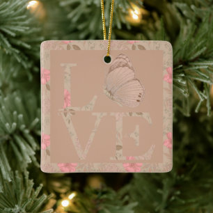 Ornement En Céramique Crème Pink Love Papillon Floral