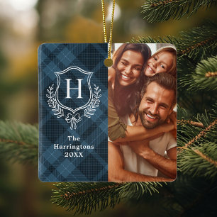 Ornement En Céramique Crête de famille bleue plaid Photo Noël