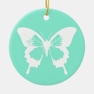 Ornement En Céramique Croquis papillon, aqua et blanc