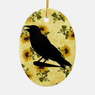 Ornement En Céramique Crow on Sunflowers