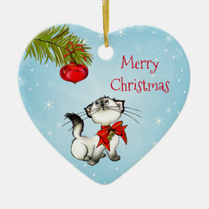 Ornement En Céramique Curieux Kitty de Noël Avec Un Bow Rouge