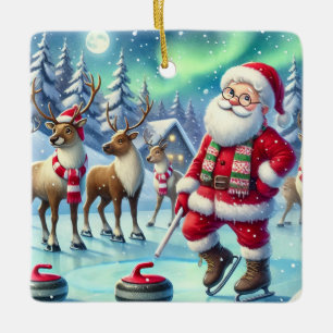 Ornement En Céramique Curling Père Noël Personnalisé Avec Son Renne