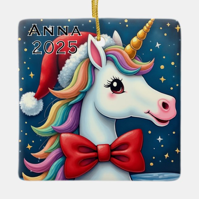 Ornement En Céramique Custom Unicorn Red Bow (Devant)