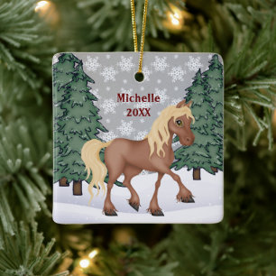 Ornement En Céramique Cute Brown Cheval d'hiver personnalisé Noël