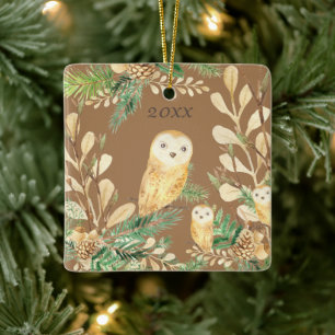 Ornement En Céramique Cute Owls Greenery Pine Watercolor Christmas Year