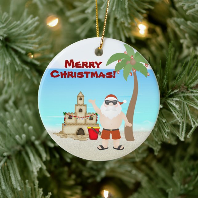 Ornement En Céramique Cute personnalisée Père Noël Beach Joyeux Noël (Arbre)