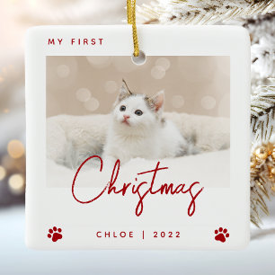 Ornement En Céramique Cute Photo Kitten 1er Noël Empreintes de pattes Ro