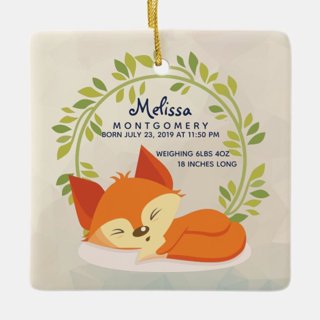 Ornement En Céramique Cute Renard Orange avec Verte Feuille Wreath Birth (Devant)