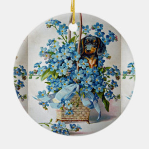 Ornement En Céramique Dachshund et Forget-Me-Nots
