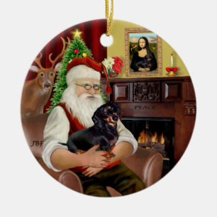 Ornement En Céramique Dachshund noir et feu (poil ras) Santa