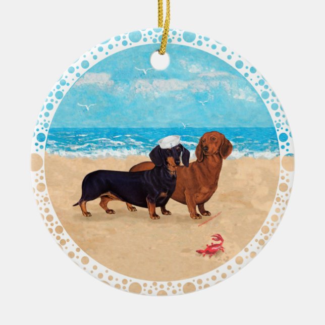 Ornement En Céramique Dachshunds à la Plage (Devant)