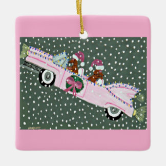Ornement En Céramique Dachshunds à Noël dans une décapotable rose