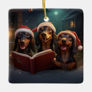 Ornement En Céramique Dachshunds Noël Caroling Festive Festive