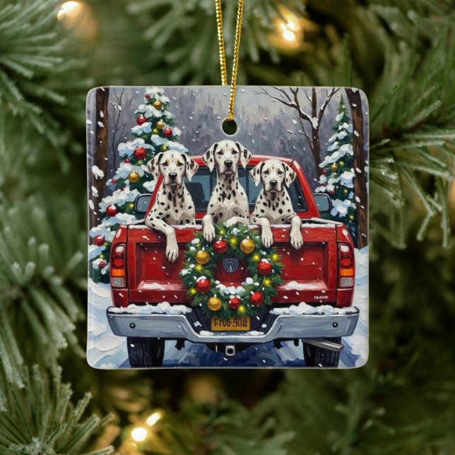 Ornement En Céramique Dalmatian Christmas Red Truck Holiday (Arbre)