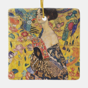 Ornement En Céramique Dame Art nouveau vintage avec peinture d'éventail