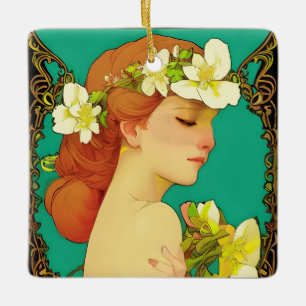 Ornement En Céramique Dame celtique avec des fleurs dans ses cheveux