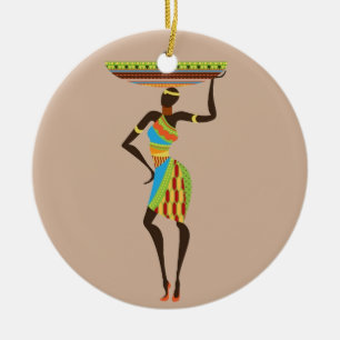 Ornement En Céramique Dame tribale africaine avec l'art tribal corbeille