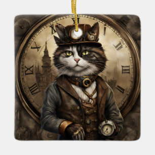 Ornement En Céramique Dapper Steampunk Calico Cat