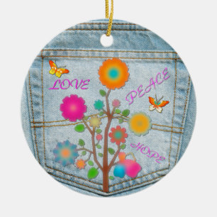 Ornement En Céramique Denim Back Fleurs de poche Paix Aimer Espoir