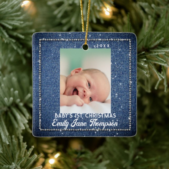Ornement En Céramique Denim Diamonds Baby First Christmas Rhinestones (Arbre)