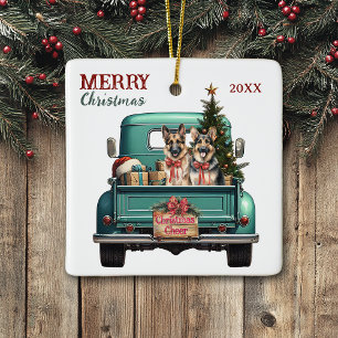 Ornement En Céramique Deux chiens berger allemand camion rétro Noël