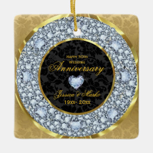 Ornement En Céramique Diamants, Black & Gold Damask 50e anniversaire