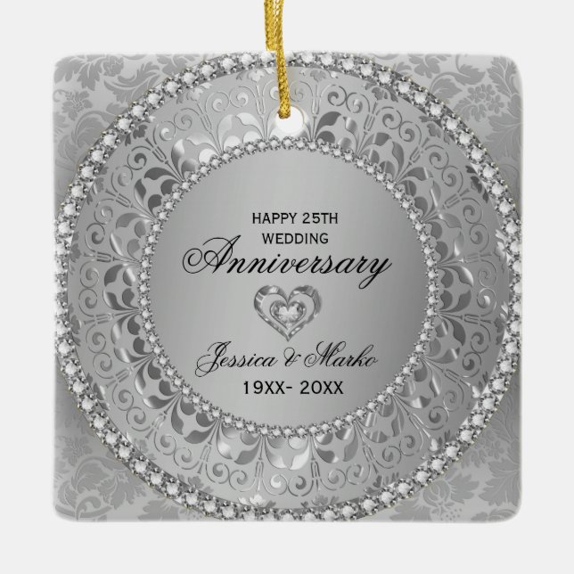 Ornement En Céramique Diamants blancs et Damas d'argent 25e anniversaire (Devant)