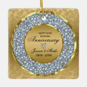 Ornement En Céramique Diamants blancs et or 50e anniversaire de Mariage