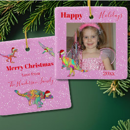 Ornement En Céramique Dinosaures photo de Noël rose personnalisé