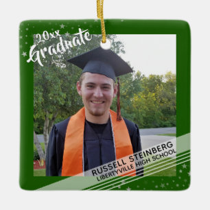 Ornement En Céramique Diplômé, bordure verte modifiable, deux photos