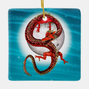 Ornement En Céramique Dragon Lune Rouge Fantastique Artistique