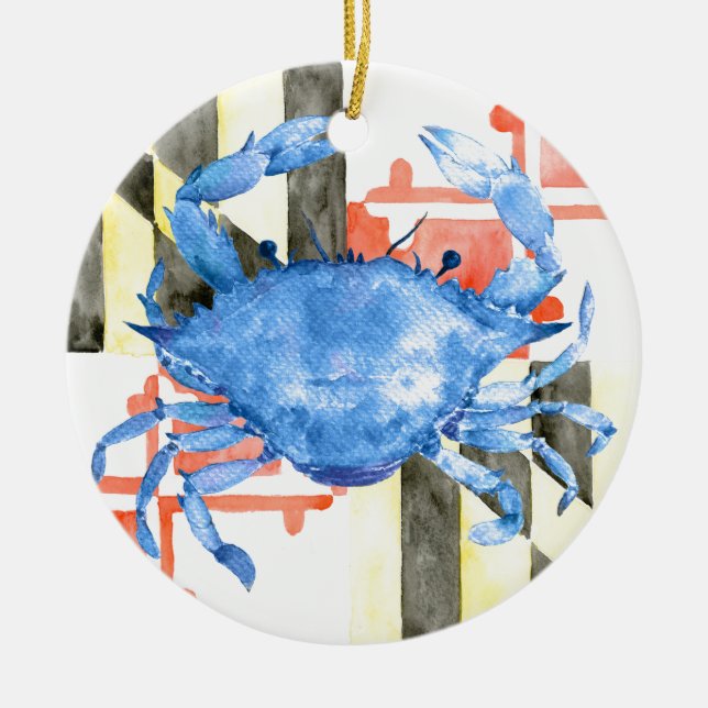 Ornement En Céramique Drapeau du Maryland d'aquarelle et crabe bleu (Devant)