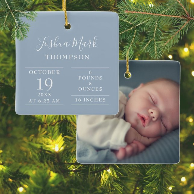 Ornement En Céramique Dusty Blue Baby Boy Birth Stats Photo (Dusty Blue Baby Boy Birth Stats Photo Ceramic Ornament)