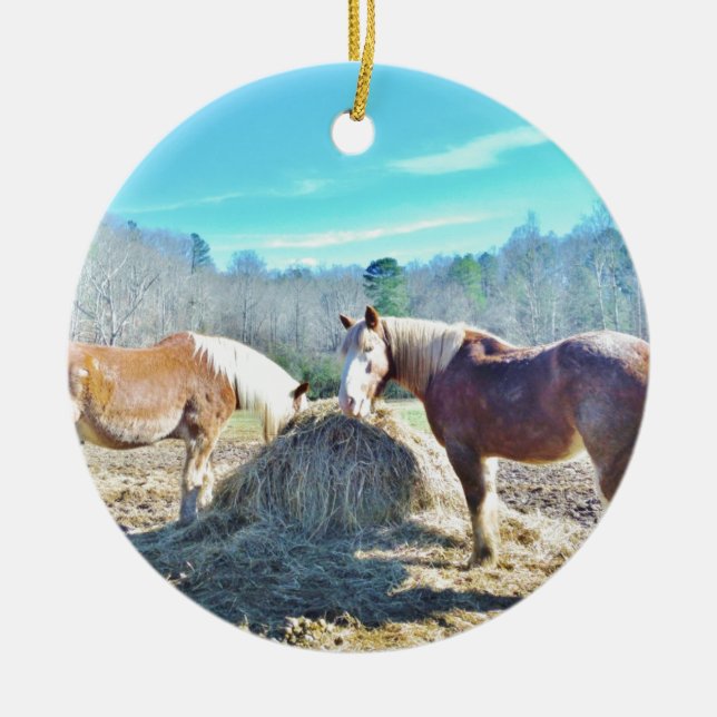 Ornement En Céramique Ébauche secourue Chevaux mangeant foin (Devant)