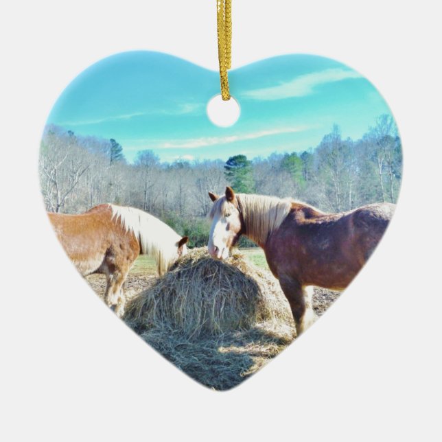 Ornement En Céramique Ébauche secourue Chevaux mangeant foin (Devant)