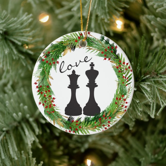 Ornement En Céramique Échecs personnalisés Black King, Queen Couple Love (Arbre)